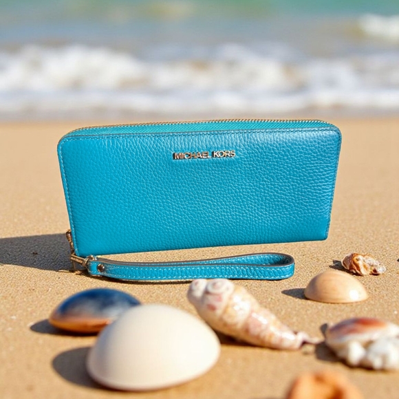 Michael Kors Jet Set Travel Large Continental Leather Wallet Lagoon (New) - Picture 1 of 7